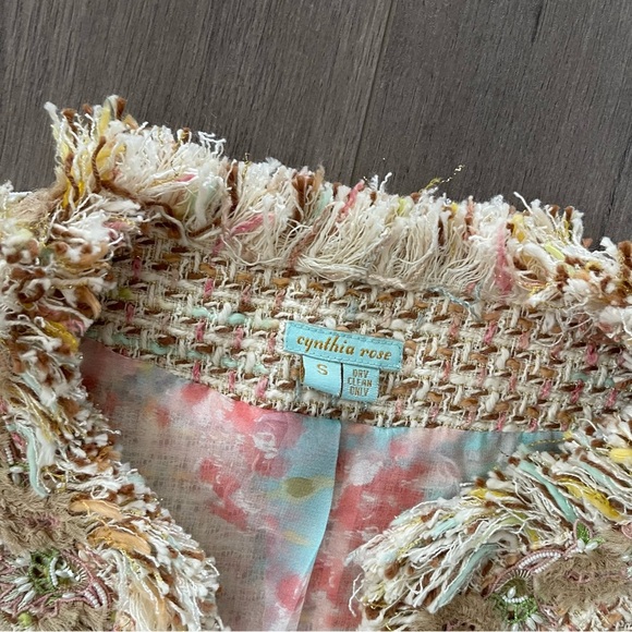 Cynthia Rose Cream Tweed Colorful Fringe Embroidered Coat - Picture 6 of 6